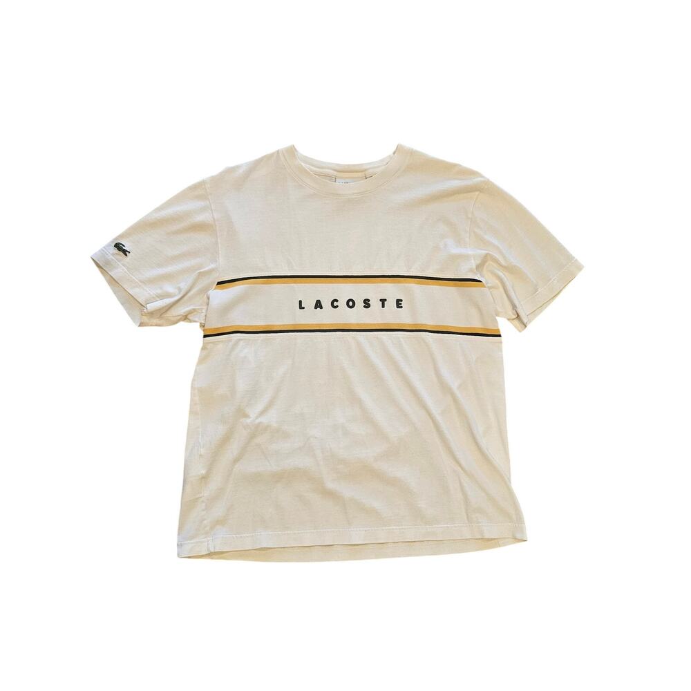 Lacoste Lettered Pique Panel T Shirt cream mens medium Relaxed fit Preppy tee